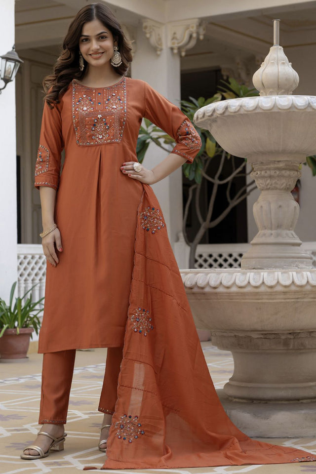Brown Sequin with Floral Embroidered Viscose Kurti Pant Set (iva-144-Rust)