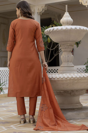 Brown Sequin with Floral Embroidered Viscose Kurti Pant Set (iva-144-Rust)