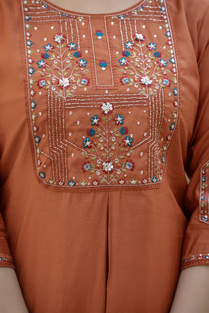 Brown Sequin with Floral Embroidered Viscose Kurti Pant Set (iva-144-Rust)