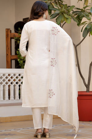 White Sequin with Floral Embroidered Viscose Kurti Pant Set (iva-144-White)