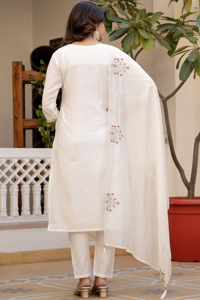 White Sequin with Floral Embroidered Viscose Kurti Pant Set (iva-144-White)
