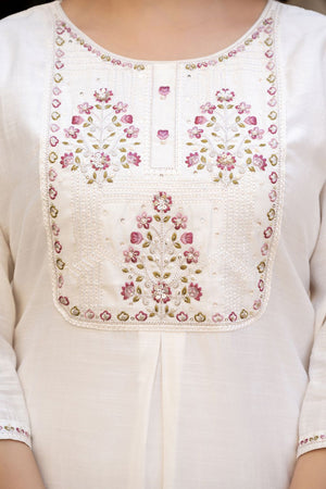 White Sequin with Floral Embroidered Viscose Kurti Pant Set (iva-144-White)