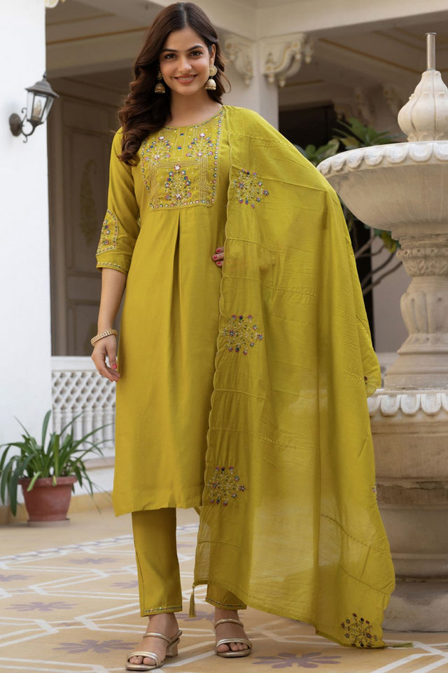 Yellow Sequin with Floral Embroidered Viscose Kurti Pant Set (iva-144-Yellow)