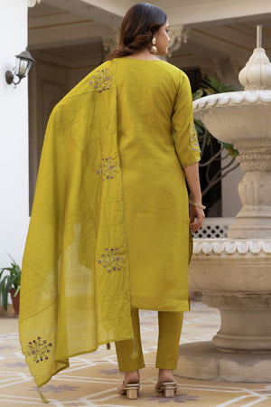 Yellow Sequin with Floral Embroidered Viscose Kurti Pant Set (iva-144-Yellow)