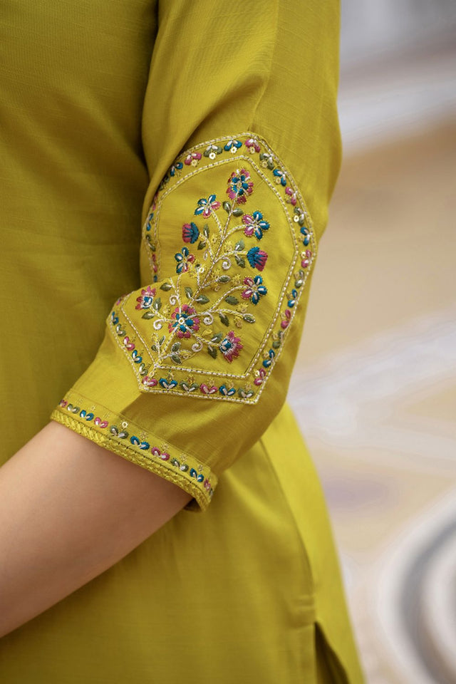 Yellow Sequin with Floral Embroidered Viscose Kurti Pant Set (iva-144-Yellow)