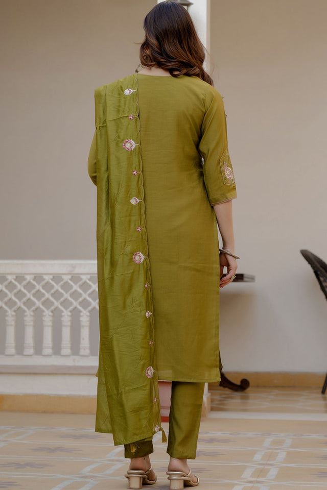 Dark Green Sequin with Floral Embroidered Viscose Kurti Pant Set (iva-145-MahendiGreen)