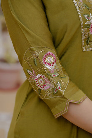 Dark Green Sequin with Floral Embroidered Viscose Kurti Pant Set (iva-145-MahendiGreen)