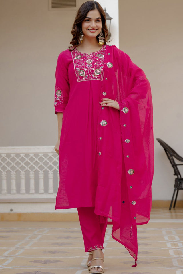 Pink Sequin with Floral Embroidered Viscose Kurti Pant Set (iva-145-Pink)