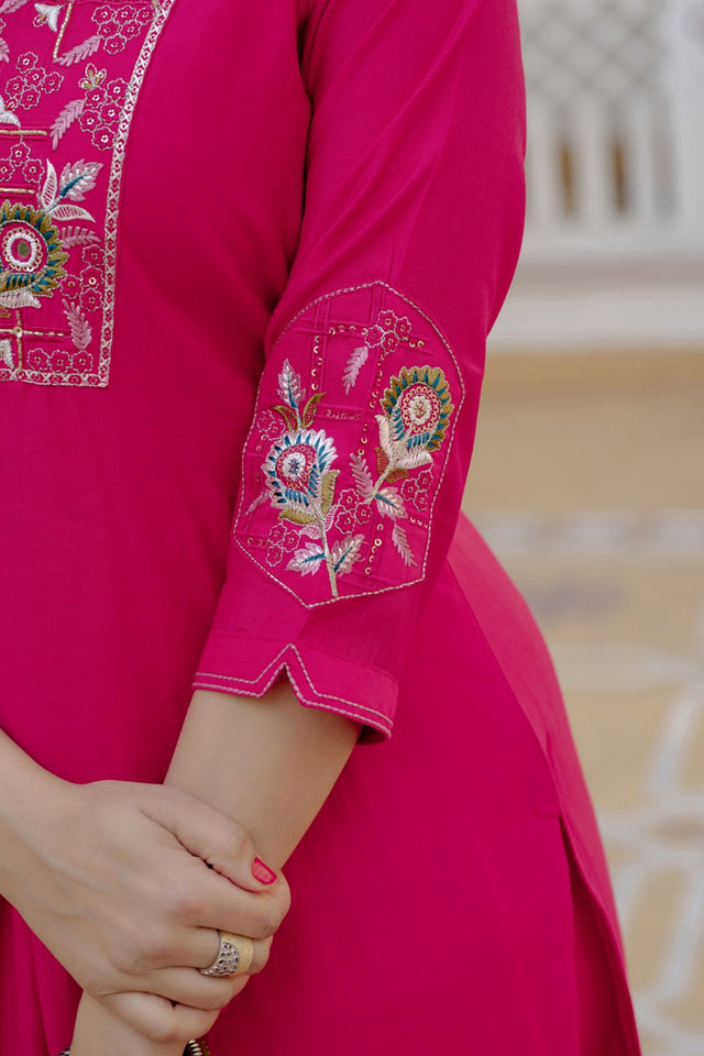 Pink Sequin with Floral Embroidered Viscose Kurti Pant Set (iva-145-Pink)