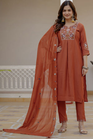 Brown Sequin with Floral Embroidered Viscose Kurti Pant Set (iva-145-Rust)