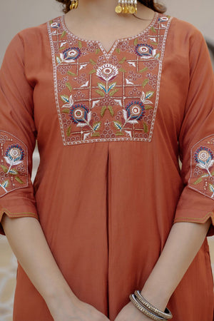 Brown Sequin with Floral Embroidered Viscose Kurti Pant Set (iva-145-Rust)