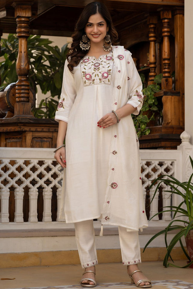 White Sequin with Floral Embroidered Viscose Kurti Pant Set (iva-145-White)