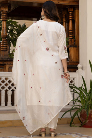 White Sequin with Floral Embroidered Viscose Kurti Pant Set (iva-145-White)