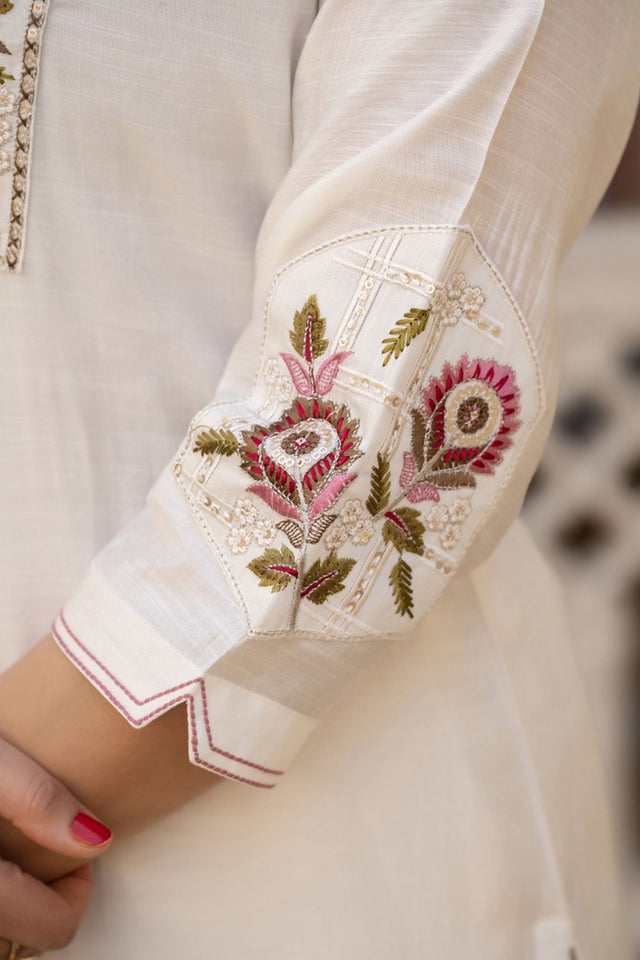 White Sequin with Floral Embroidered Viscose Kurti Pant Set (iva-145-White)