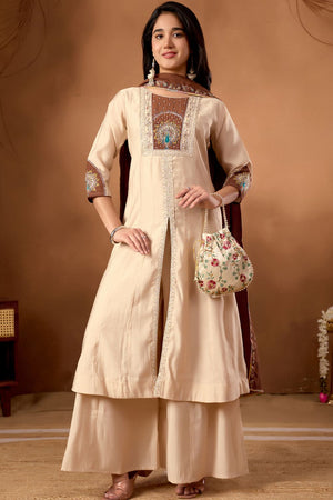Cream Embroidered Silk Palazzo Suit (iva-150-Cream)