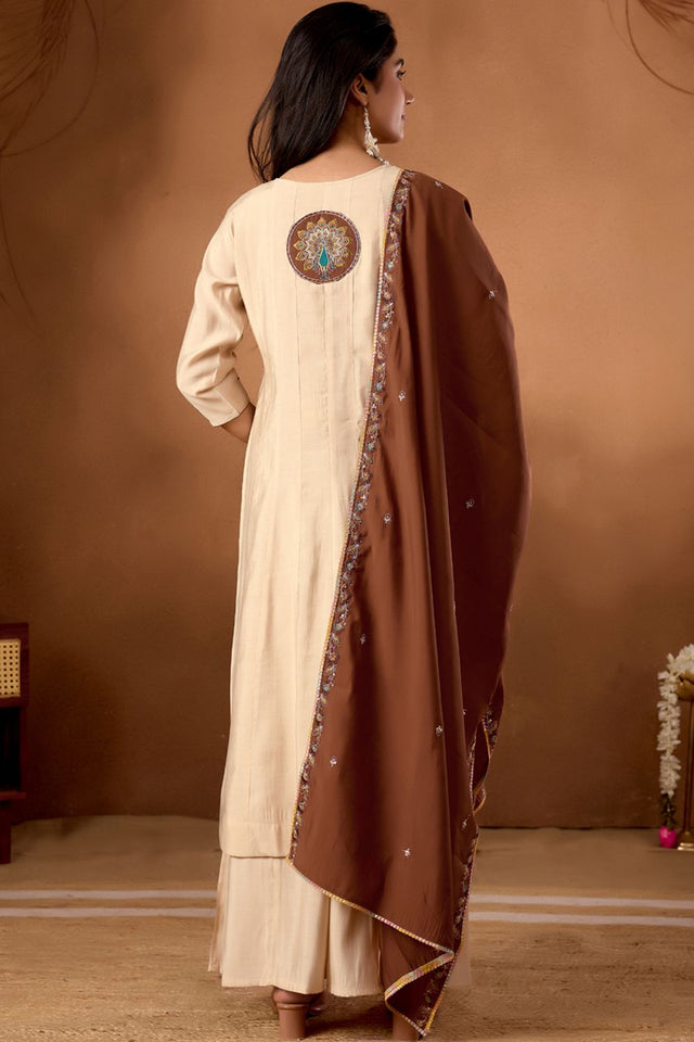 Cream Embroidered Silk Palazzo Suit (iva-150-Cream)