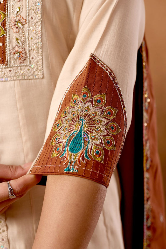 Cream Embroidered Silk Palazzo Suit (iva-150-Cream)