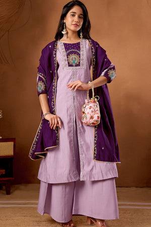 Lavender Embroidered Silk Palazzo Suit (iva-150-Lovender)