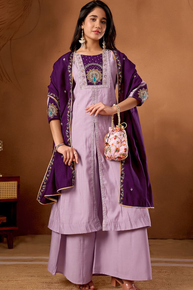 Lavender Embroidered Silk Palazzo Suit (iva-150-Lovender)