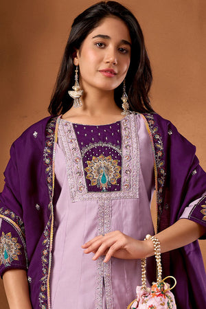 Lavender Embroidered Silk Palazzo Suit (iva-150-Lovender)