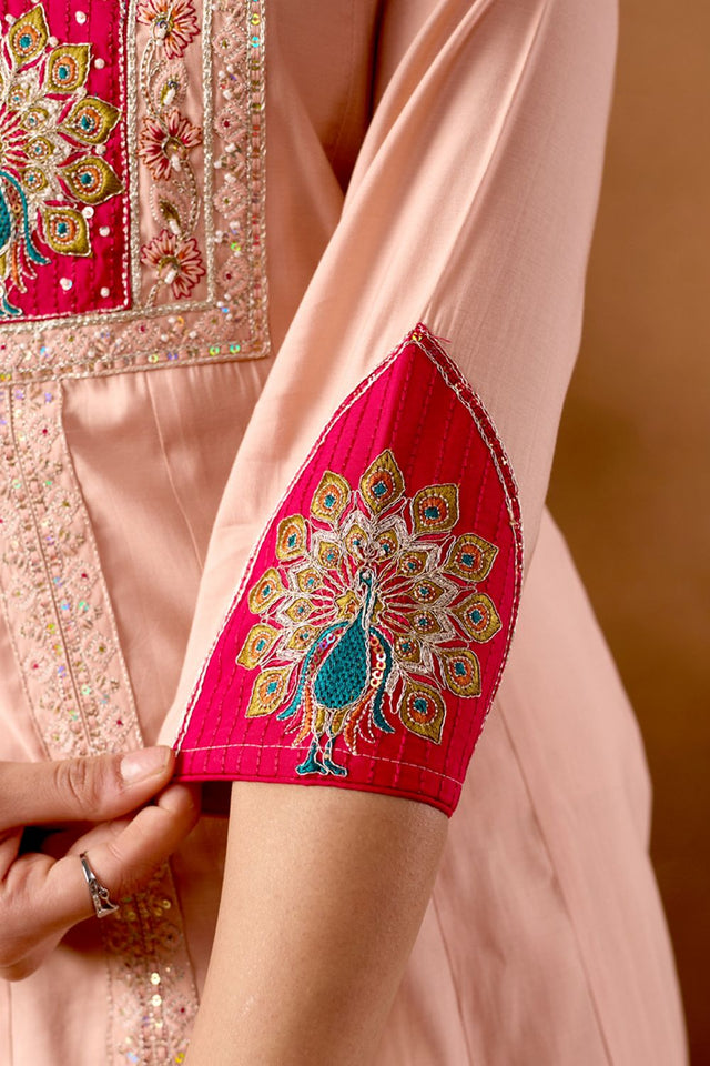 Peach Embroidered Silk Palazzo Suit (iva-150-Peach)