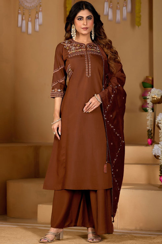 Brown Floral Embroidered Viscose Palazzo Suit (iva-151-Brown)