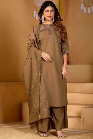 Brown Floral Embroidered Viscose Palazzo Suit (iva-151-Chiku)
