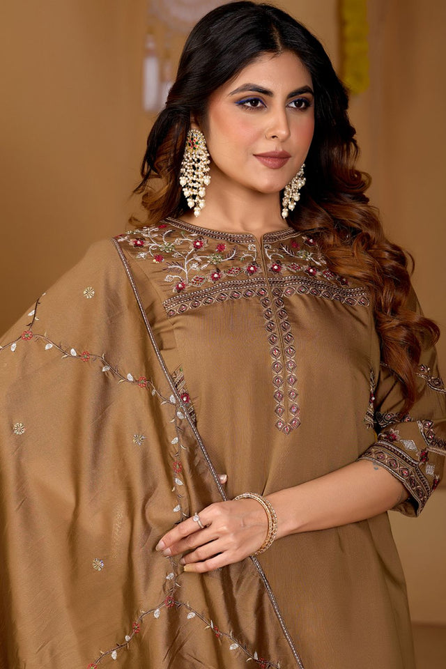 Brown Floral Embroidered Viscose Palazzo Suit (iva-151-Chiku)