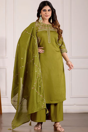 Green Floral Embroidered Viscose Palazzo Suit (iva-151-MahendiGreen)