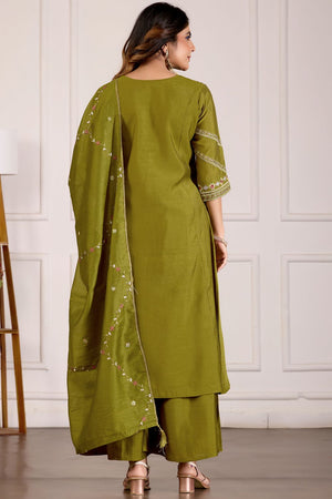 Green Floral Embroidered Viscose Palazzo Suit (iva-151-MahendiGreen)