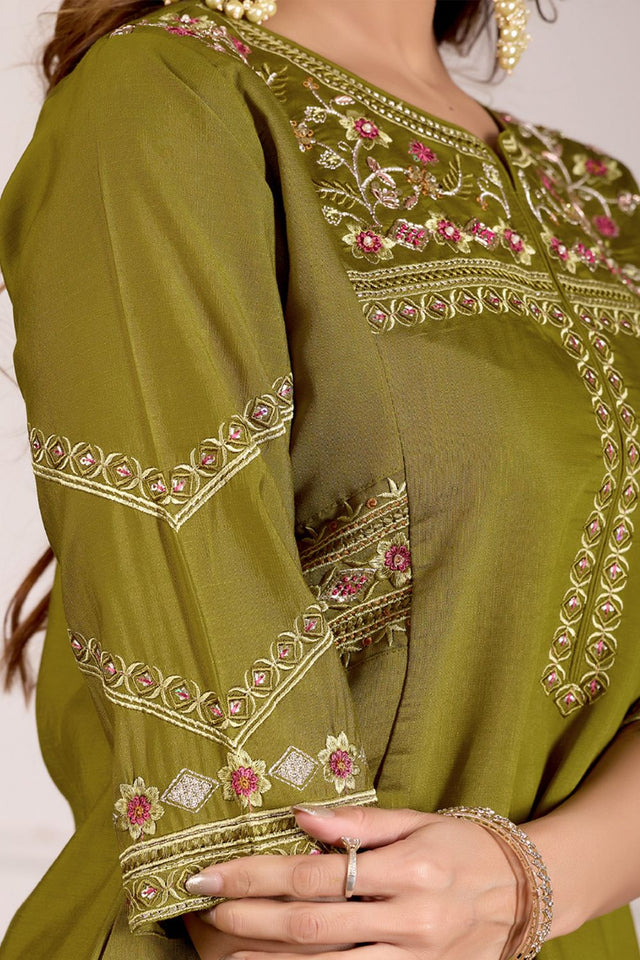 Green Floral Embroidered Viscose Palazzo Suit (iva-151-MahendiGreen)