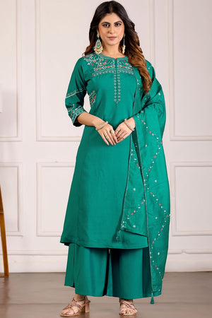 Turquoise Floral Embroidered Viscose Palazzo Suit (iva-151-RamaGreen)