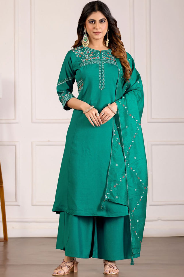 Turquoise Floral Embroidered Viscose Palazzo Suit (iva-151-RamaGreen)