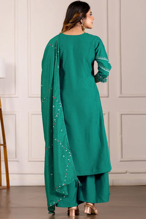Turquoise Floral Embroidered Viscose Palazzo Suit (iva-151-RamaGreen)