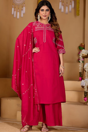 Dark Pink Floral Embroidered Viscose Palazzo Suit (iva-151-RaniPink)