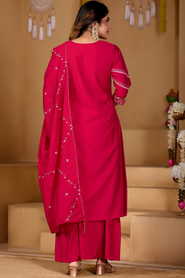 Dark Pink Floral Embroidered Viscose Palazzo Suit (iva-151-RaniPink)