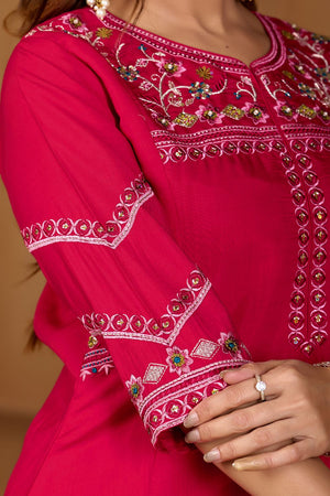 Dark Pink Floral Embroidered Viscose Palazzo Suit (iva-151-RaniPink)