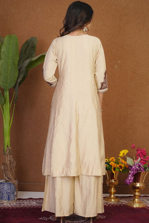 Cream Floral Embroidered Silk Palazzo Suit (iva-152-Cream)