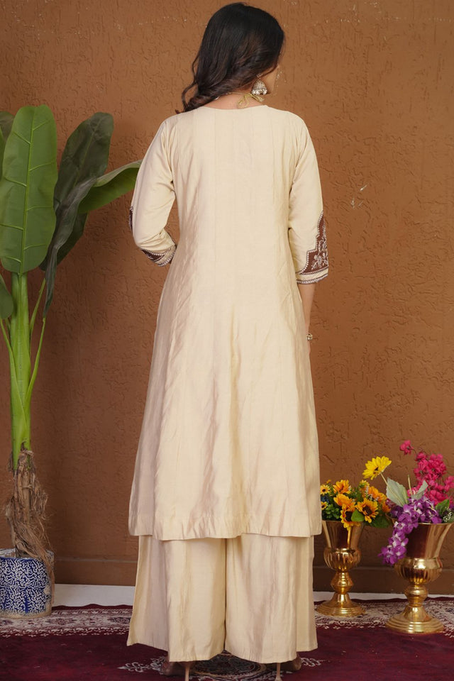Cream Floral Embroidered Silk Palazzo Suit (iva-152-Cream)