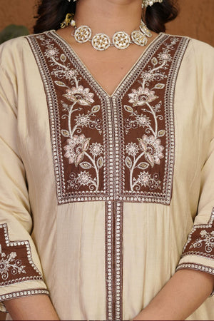 Cream Floral Embroidered Silk Palazzo Suit (iva-152-Cream)