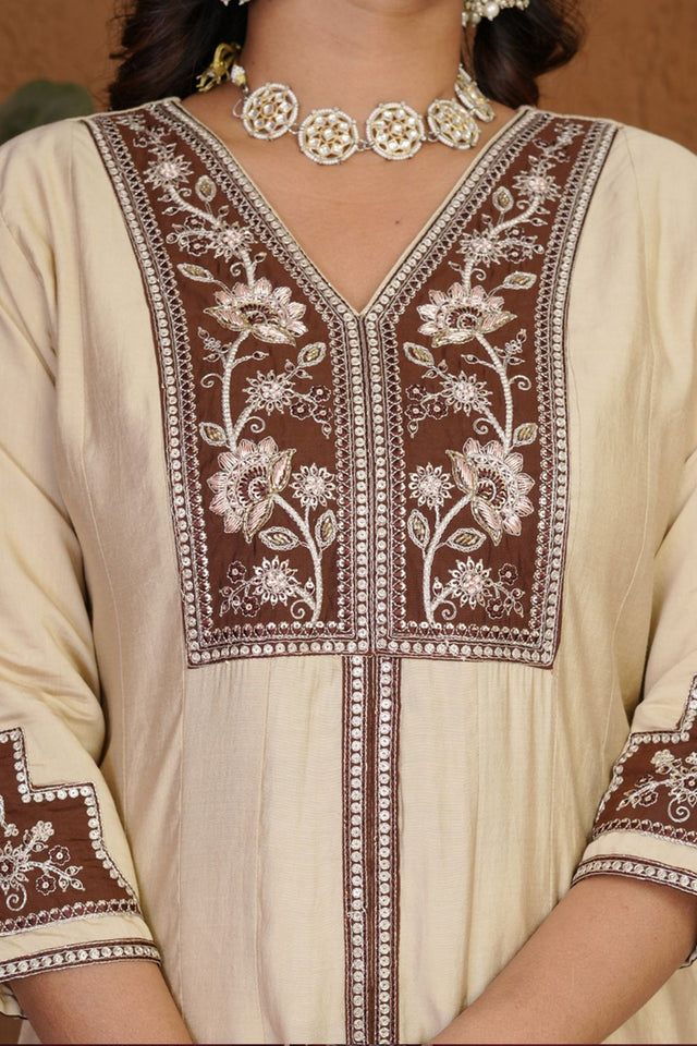 Cream Floral Embroidered Silk Palazzo Suit (iva-152-Cream)