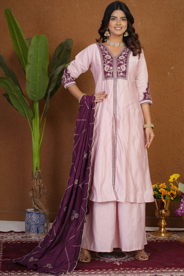 Pink Floral Embroidered Silk Palazzo Suit (iva-152-LightPink)