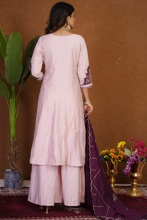 Pink Floral Embroidered Silk Palazzo Suit (iva-152-LightPink)