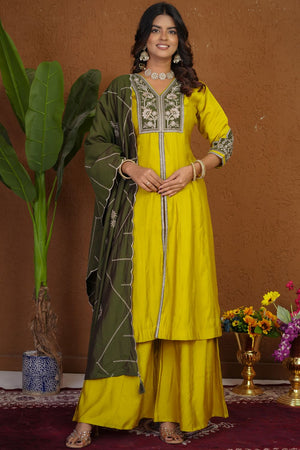 Mustard Floral Embroidered Silk Palazzo Suit (iva-152-Mustard)