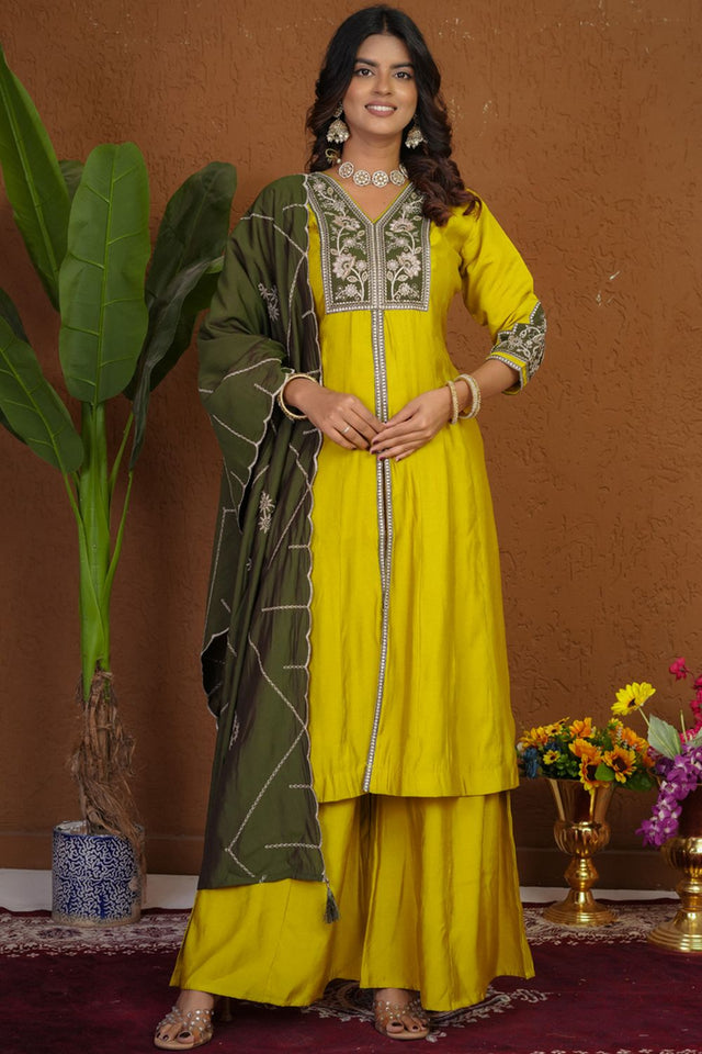 Mustard Floral Embroidered Silk Palazzo Suit (iva-152-Mustard)