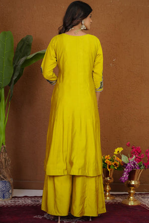 Mustard Floral Embroidered Silk Palazzo Suit (iva-152-Mustard)