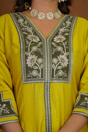 Mustard Floral Embroidered Silk Palazzo Suit (iva-152-Mustard)
