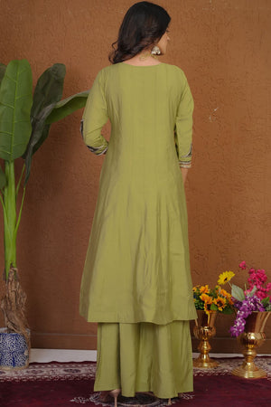 Green Floral Embroidered Silk Palazzo Suit (iva-152-Pista)