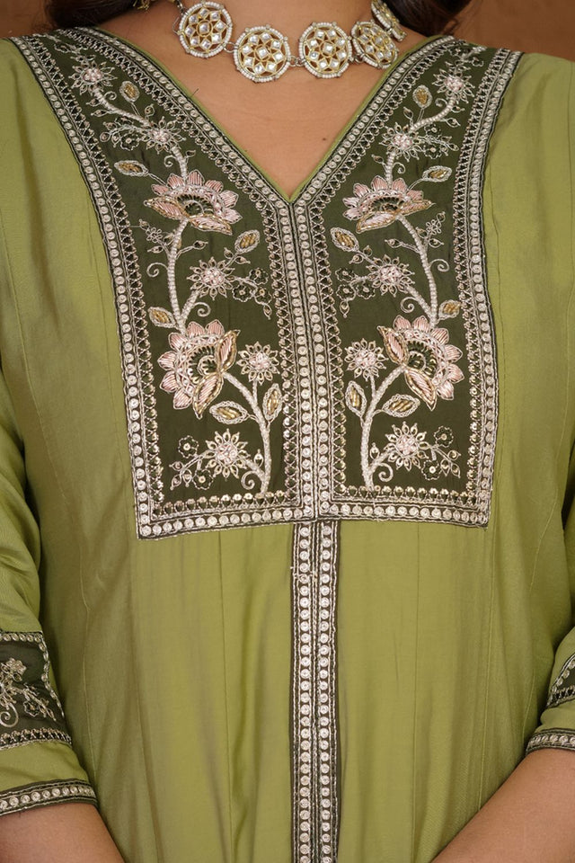 Green Floral Embroidered Silk Palazzo Suit (iva-152-Pista)