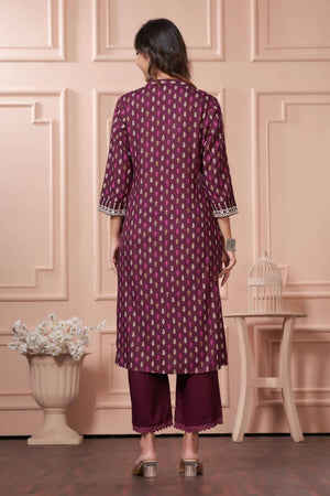 Wine Printed Rayon Kurti Pant Set